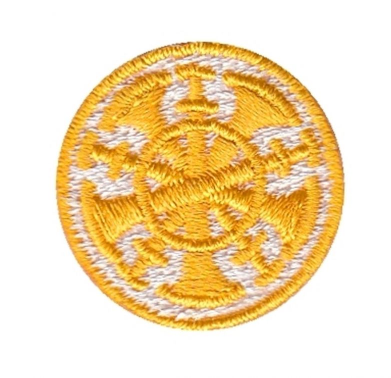 FIRE FIGHTER 5 BUGLES CROSSED, 1" CIRCLE - GOLD on WHITE - SEW ON.